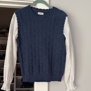 Navy Fatface Crewneck Sweater with White Eyelet Sleeves